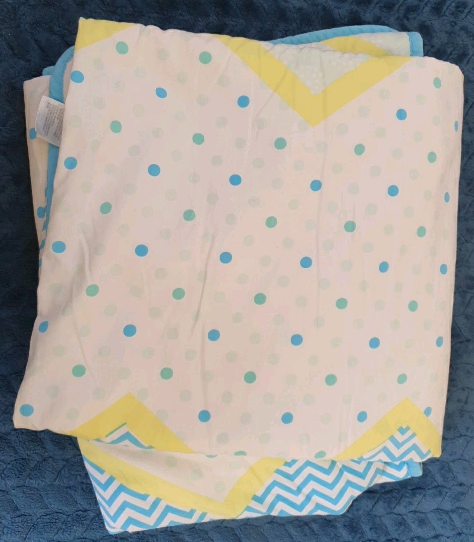 Mothercare Cot Blanket Coverlet spots chevrons blue grn 110x130cm fleece reverse