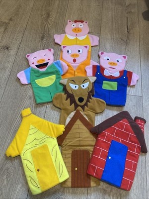 Drei kleine Schweinchen Handpuppen mit Stroh-, Stock- und Ziegelhäusern (a5)