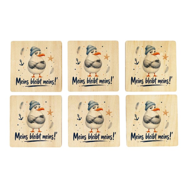 6Er Set Untersetzer Holz MöWe - Glasuntersetzer Mit KüStenmotiv Mit Spruch:-image