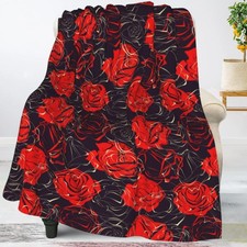 Red Rose Flowers Throw Blankets All Season Ultra Soft Warm Floral Fleece Blan...