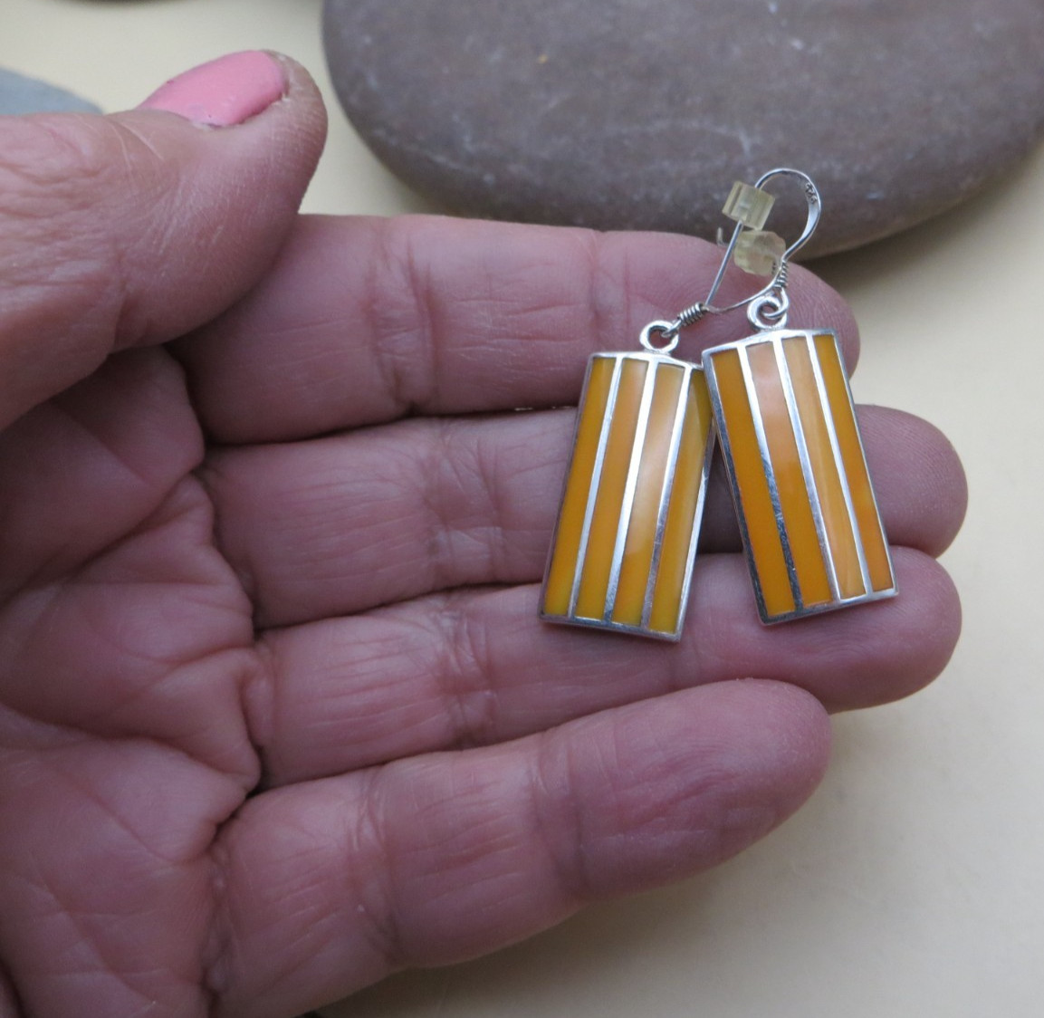 Orange Enamel Stripe Rectangular Sterling Silver … - image 10