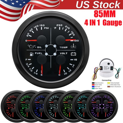 #ad 85mm 4 In 1 Gauge Fuel Level 240 33ohm Water Temp Oil Pressure Volt For Boat Car $45.70