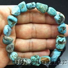 Blue Turquoise Bracelet Rough Nugget Beads Stretch Healing Gemstone 6.75"
