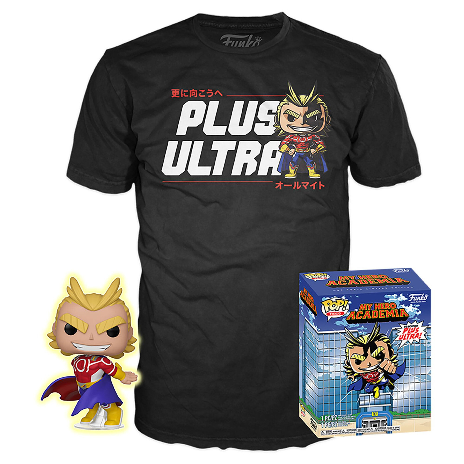Funko Pop All Might Glow 608 pack cadeau My Hero Academia avec t-shirt taille L
