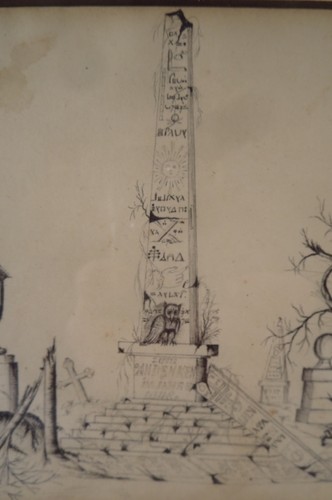 Antique German 19th c. Memento Mori Pen & Ink Drawing Mourning Obelisk Cemetery - Picture 3 of 9