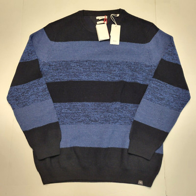 New $205 BRAX Crewneck Knit Sweater Men XL X-LARGE Blue Striped WOOL Cotton Rick