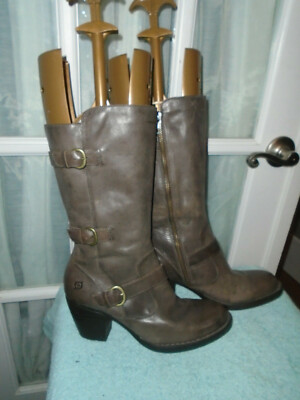 Born Crown Knee High Boots Taupe Leather Side Zip Buckle Heel US