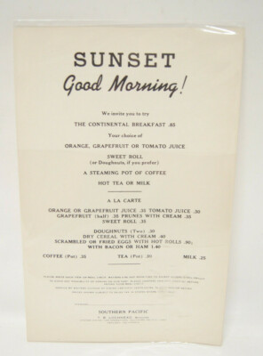 Sunset Good Morning! Continental Breakfast Menu Vintage Southern Pacific Train