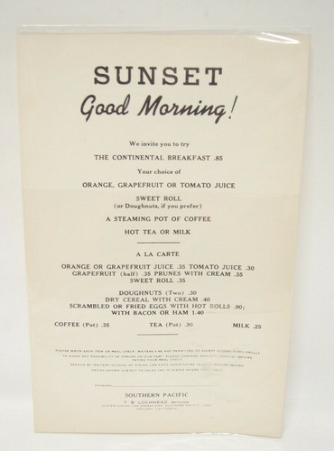 Sunset Good Morning! Continental Breakfast Menu Vintage Southern Pacific Train