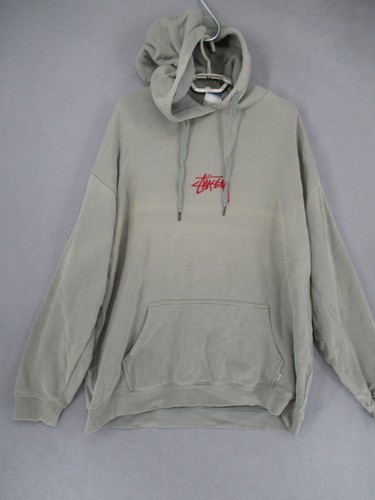 Stussy Jumper Mens Large Green Beige Red Logo Oversized Hoodie Sweatshirt Pocket