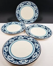 4 Bobby Flay Marbella Dinner Plates Set Blue White Scrolls Dots Bands Dishes Lot