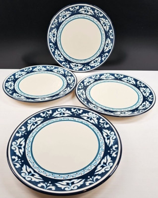 4 Bobby Flay Marbella Dinner Plates Set Blue White Scrolls Dots Bands Dishes Lot