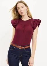 LOFT  Tiered Ruffle Mixed Media Top - Magical Plum - Size Large