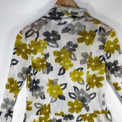 Comfy USA Extra Small Sheer Crinkle Floral Blouse Yellow Gray Peplum Hem Top - Picture 8 of 13