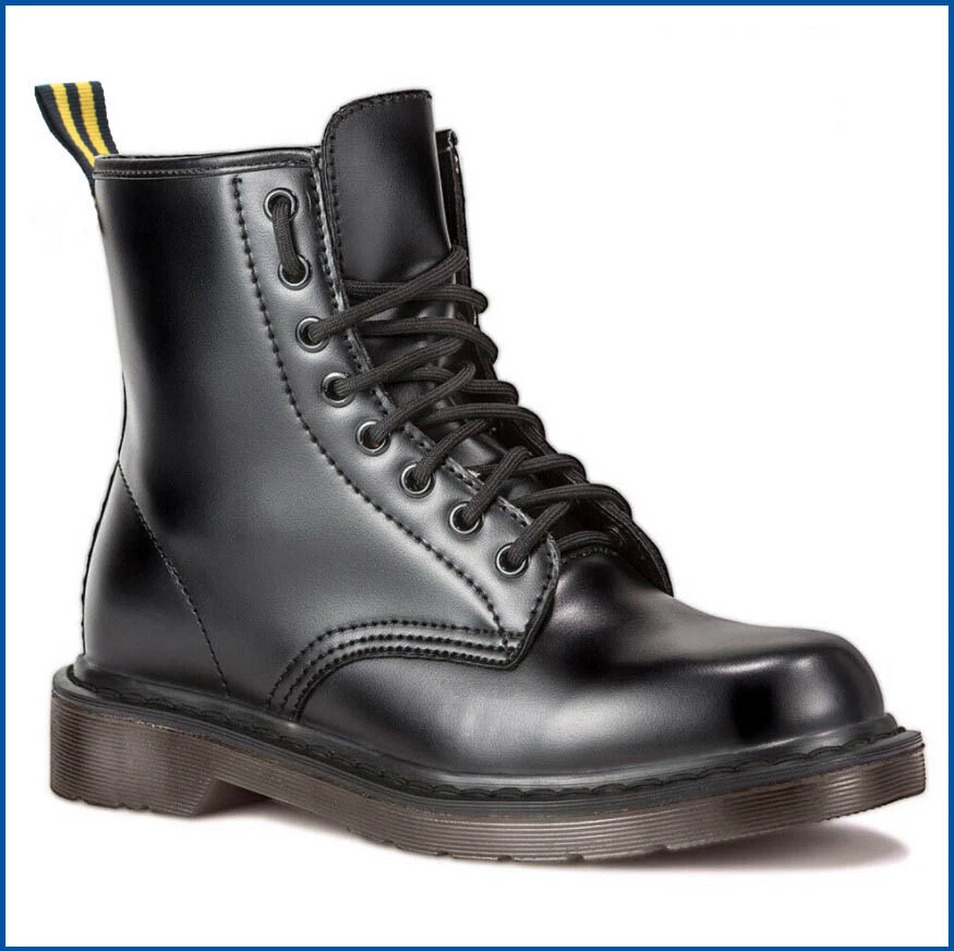 stivali stivaletti anfibi da donna alti neri ecopelle scarponcini con lacci - Immagine 2 di 4