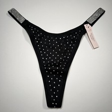 Victoria Secret Small S Thong String Bikini Bottom All Over Shine Strap Black