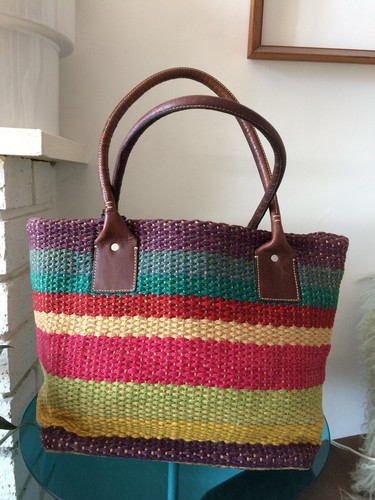VINTAGE GAP WOVEN PALM JUTE + LEATHER HANDLES TOTE BEACH BAG BOHO - Picture 5 of 10