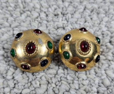 Vintage Ciner Designer Costume Clip On Earrings Mogul Multicolor Cabochon 1.25''