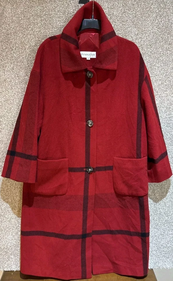 Pendleton Womens Red Check Wool Long Button Up Trench Coat Jacket Pockets Sz 12 - Image 2 of 4