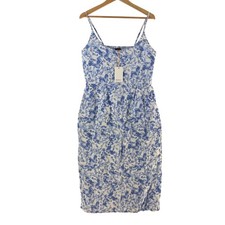 Quince Dress Womens L Blue Floral Scoop Neck Strappy Flare Linen Midi 134108