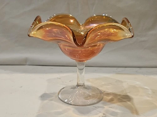 Vtg Carnival Glass Footed Bowl Marigold Imperial Ruffled Edge Compote Candy 5"