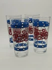 Lot of 4, 1970s Vintage Tiffany pattern Pepsi glasses, 16 oz, red/blue