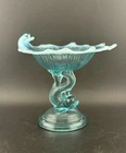 Antique Northwood Blue Opalescent Glass Dolphin Compote Dish *GLOWS*