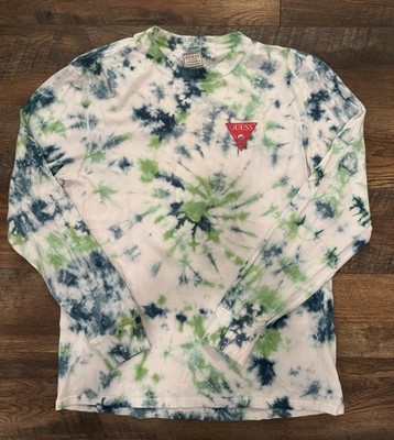 GUESS Men's Tie-Dye Logo Double-Sided Crew Neck Long Sleeve T-Shirt Size S