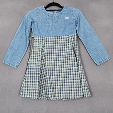 Vintage Guess Dress Girls 10 Blue Denim Plaid Long Sleeve Fit Flare Belted 90s