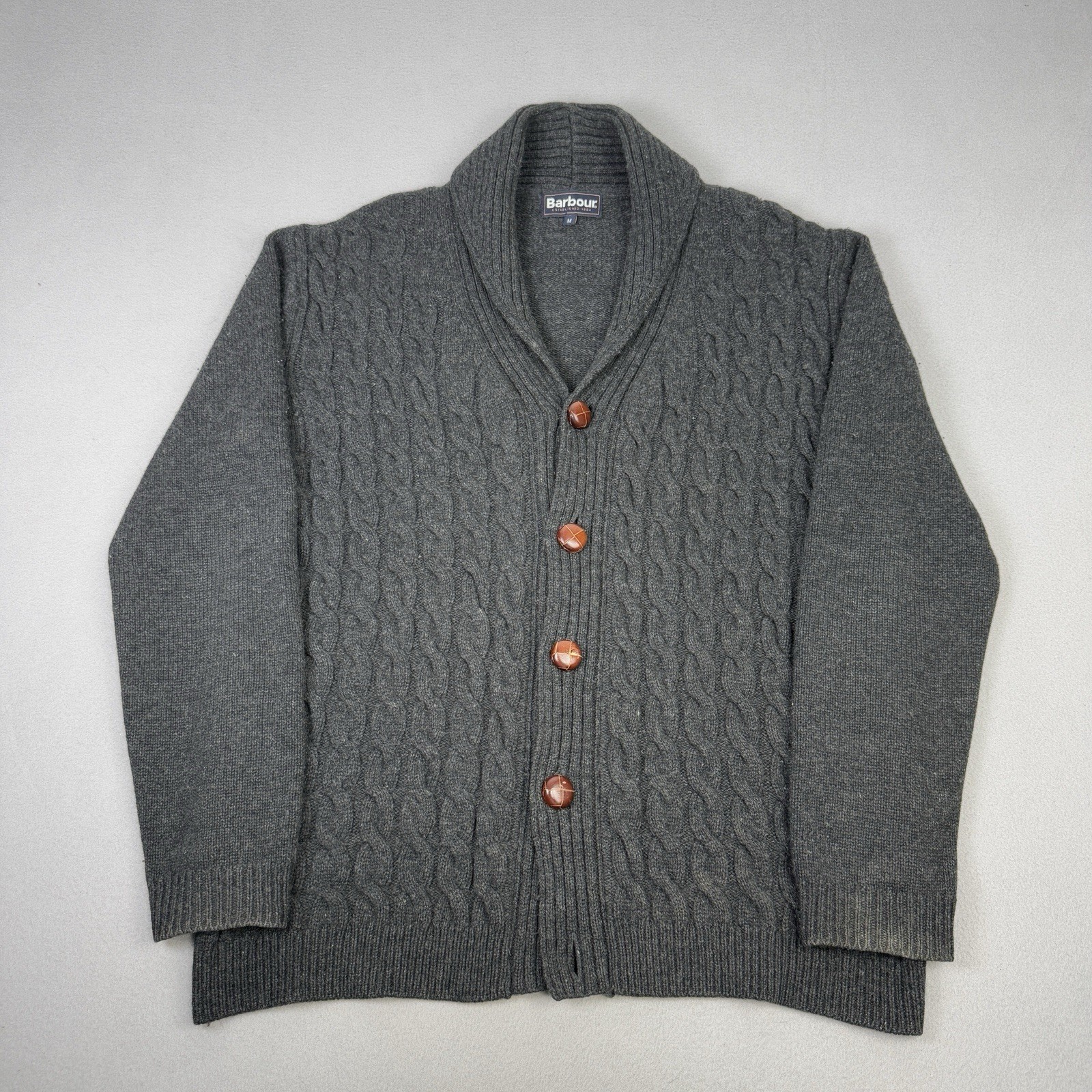 Barbour Mens Grey Kirkstone Shawl Collar Cable Knit Wool Cardigan Medium-image