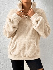 Lady’s Teddy Fleece Jumper Half Zip Pullover Winter Sweatshirt Fluffy Cosy Top