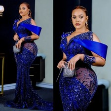 Luxury Royal Blue Mermaid Prom Dress Sequin Satin Beads Wedding Guest Party Gown