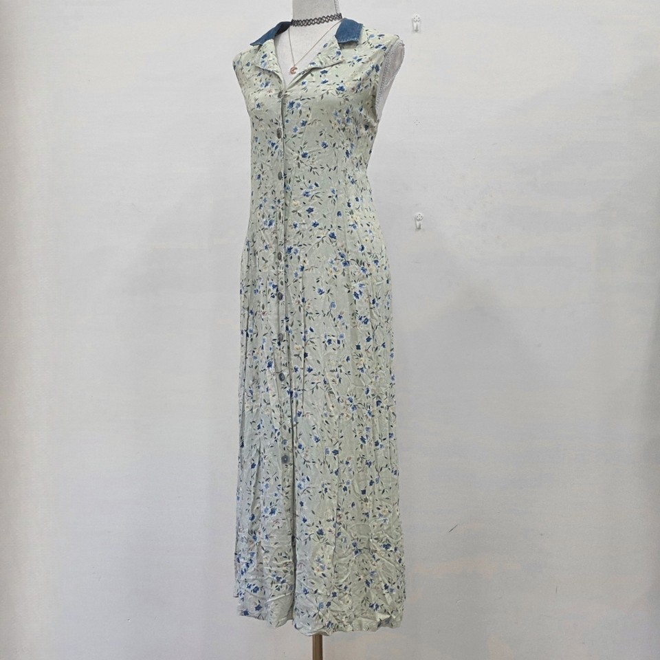 Vintage 90's GIORGIO SANT' ANGELO Denim Collar Button Up Floral Print Dress 14 