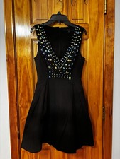 GUESS Black Sleeveless Beaded Fit & Flare Short V-Neck Solid Zip Dress Size S