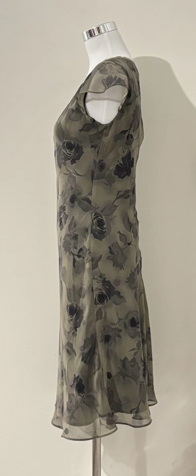 Vintage 90s Cue Mini Dress Size 10 Khaki Black Floral Roses Cap Sleeve Evening - image 3 of 4