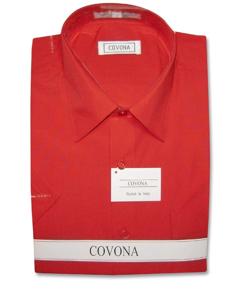 Covona 男式短袖纯色红色正装衬衫,尺寸 S — 第 2/2 张图片