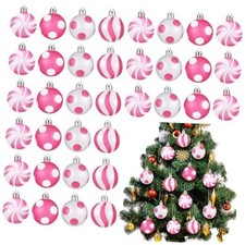 54 Pcs Christmas Balls Ornaments Mini Pink and White Stripe Pink, White