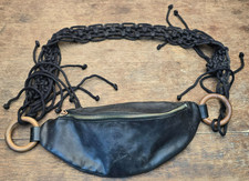 Black Leather Fanny Pack Macrame Belt Bag Wooden Ring Boho Festival Other Storie