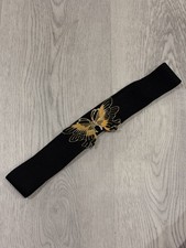 Vintage Black Stretch Belt Enamel Butterfly Closure Gold Boho Retro 70s 80s