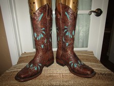 Mexico Distressed Brown Inlay Square Toe Cowgirl Western Boots Women's 6 Mex 23