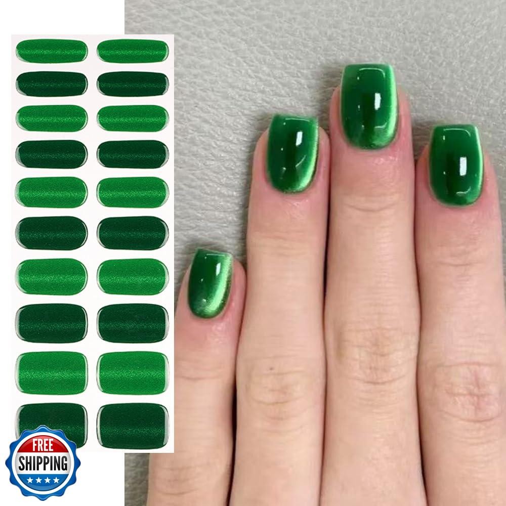 Semi Cured Gel Nail Strips 20 Pcs Green Glitter Gel Nail Wraps,St