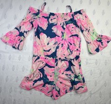 XL 12-14 Girls Lilly Pulitzer Floral Romper Teal Pink Flowers