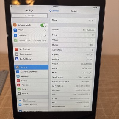 Apple iPad mini 16GB A1455 Wi-Fi Cellular Space Gray Verizon LOCKED 