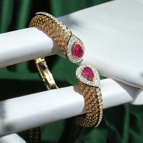 Pave 1.94 Cts Round Brilliant Cut F/VS Diamonds Ruby Cuff Bracelet 18K Rose Gold - Picture 5 of 5