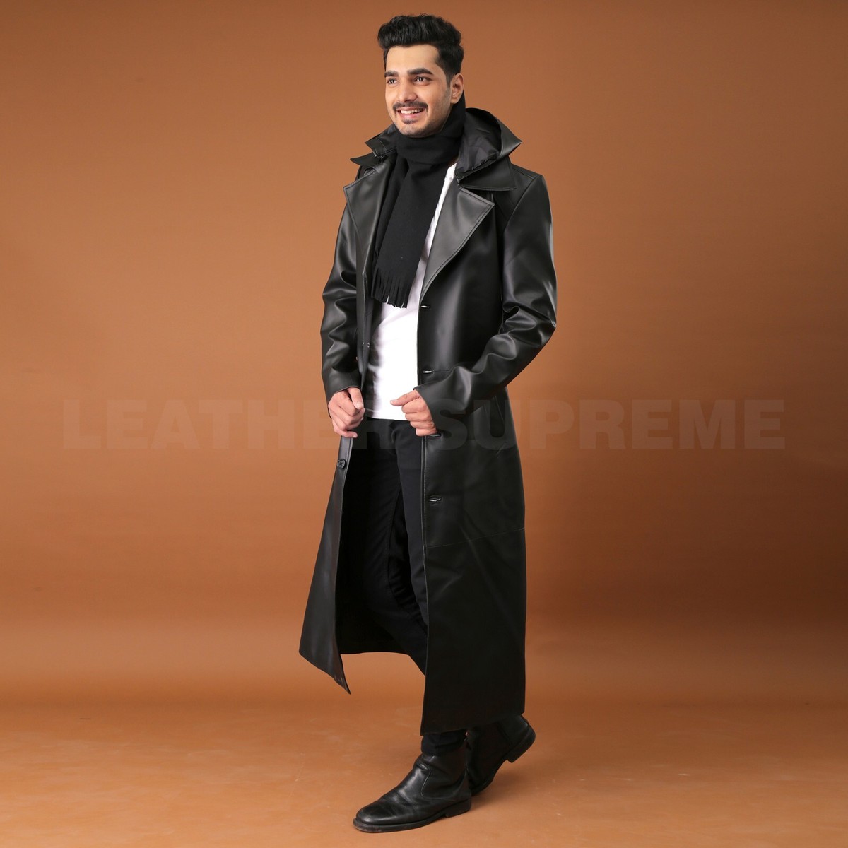 Men Black Long Hooded Coat For Men Leather Long Trench Coat Duster