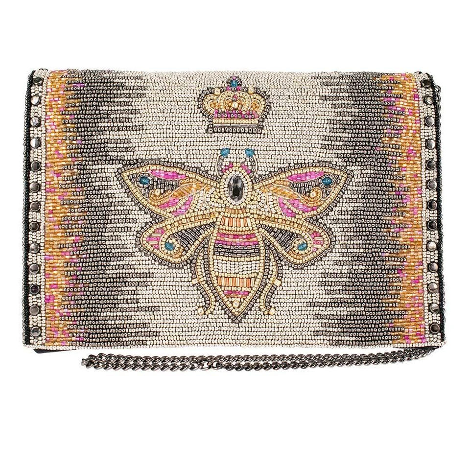 Mary Frances Queen Bee Bolso de Mano de Cuero Bolso con Cuentas Negro Dorado Crema Nuevo