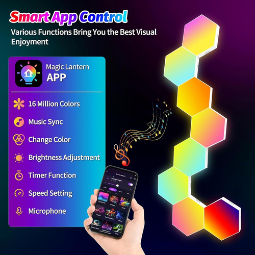 8 Pack DIY Hexagon LED Lights, Music Sync RGB Gaming Lights with APP Smart Wall - Picture 2 of 6