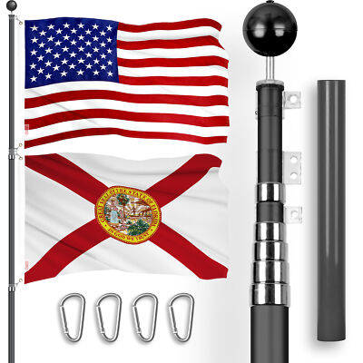 25 Ft Telescoping Flagpole Black & American and Florida Flags Emb 300D 3x5Ft