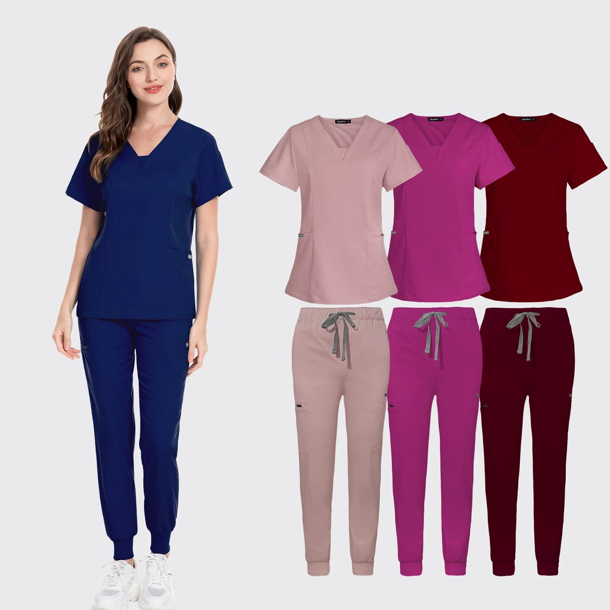 Women Stretch Jogger Scrub Sets Medical Nurse Uniform V-Neck Tops Cargo  Pants