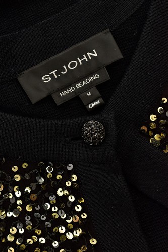 St. John Knits Hand Beaded Gold Sequin Black Silk Cashmere Cardigan Sweater sz M - Picture 7 of 7